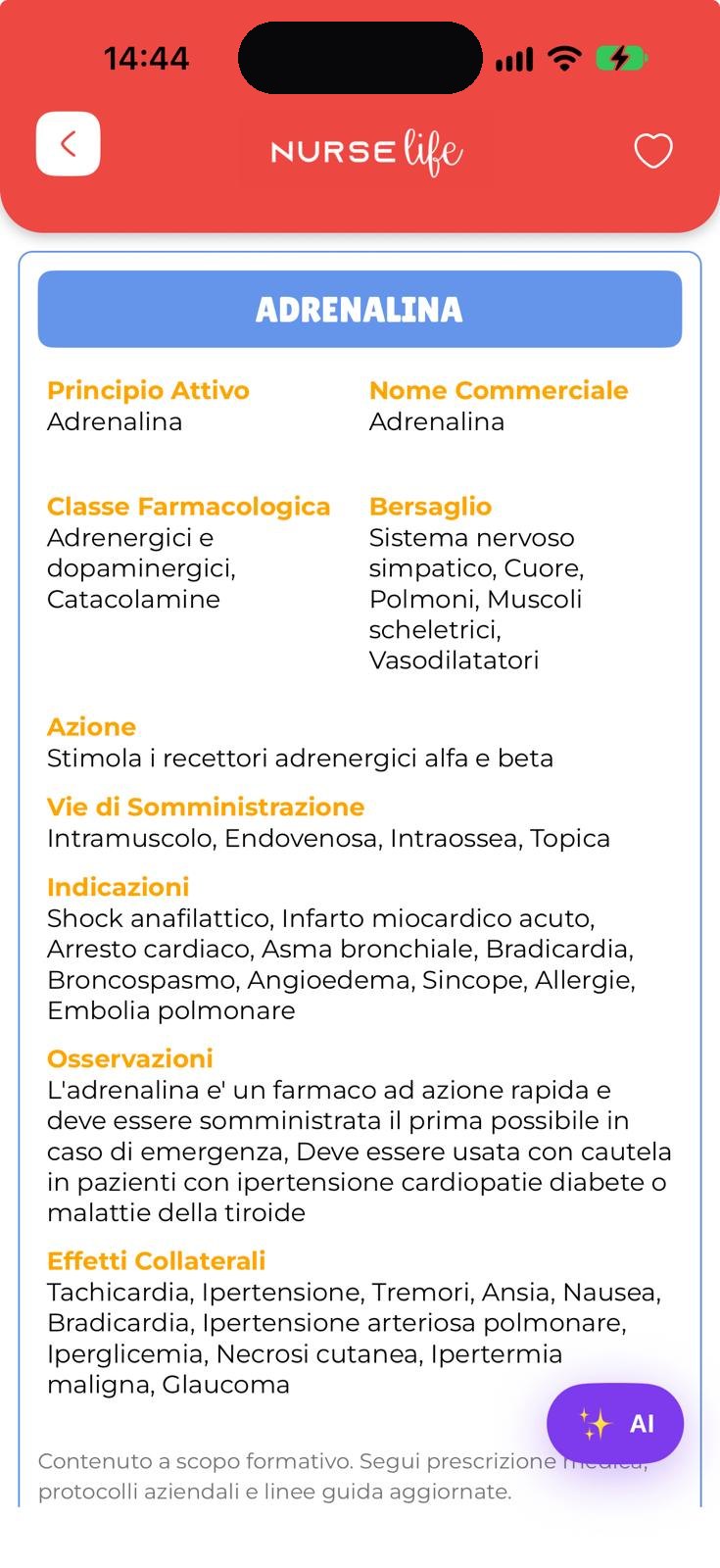 App NurseLife: scheda tecnica dell'adrenalina