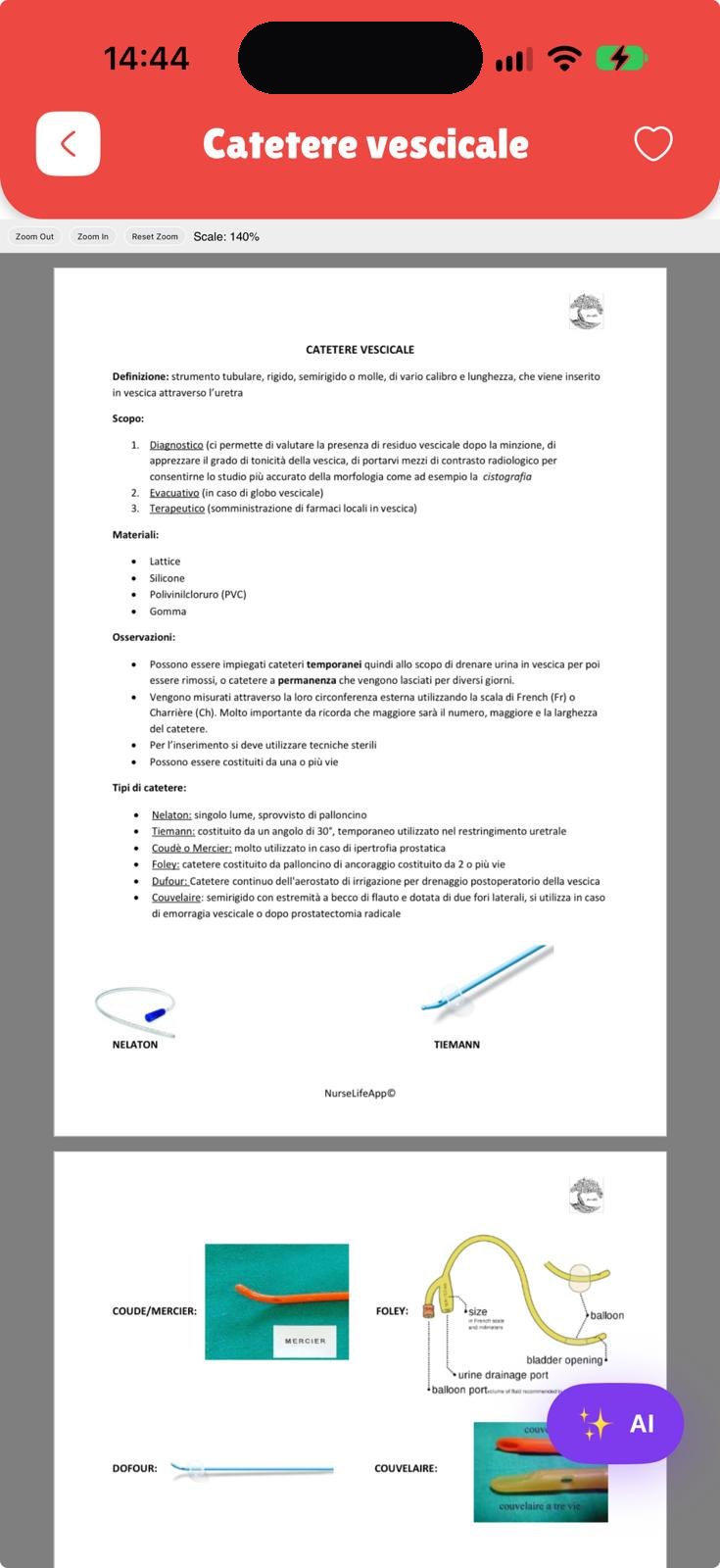 App NurseLife: procedura del catetere vescicale in PDF