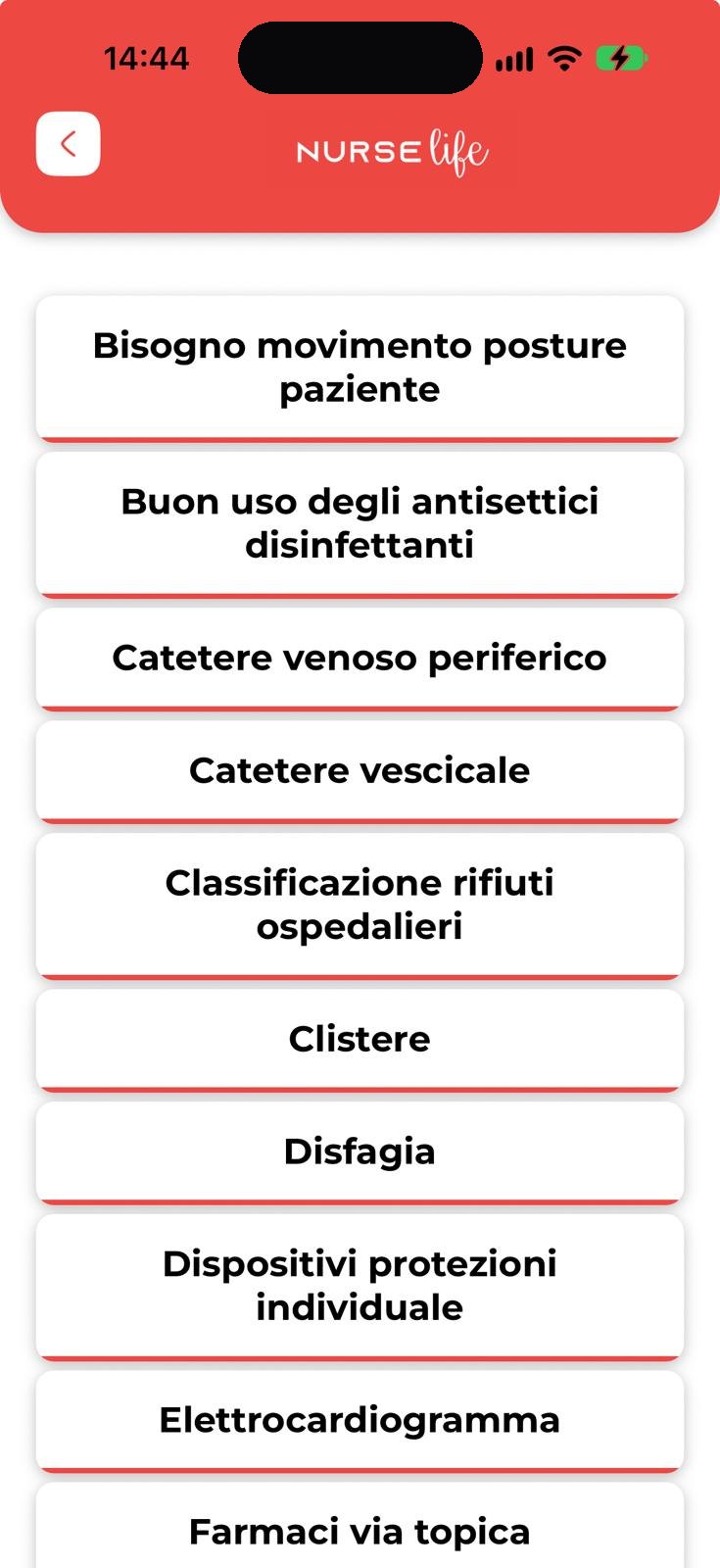 App NurseLife: elenco delle procedure di un'area