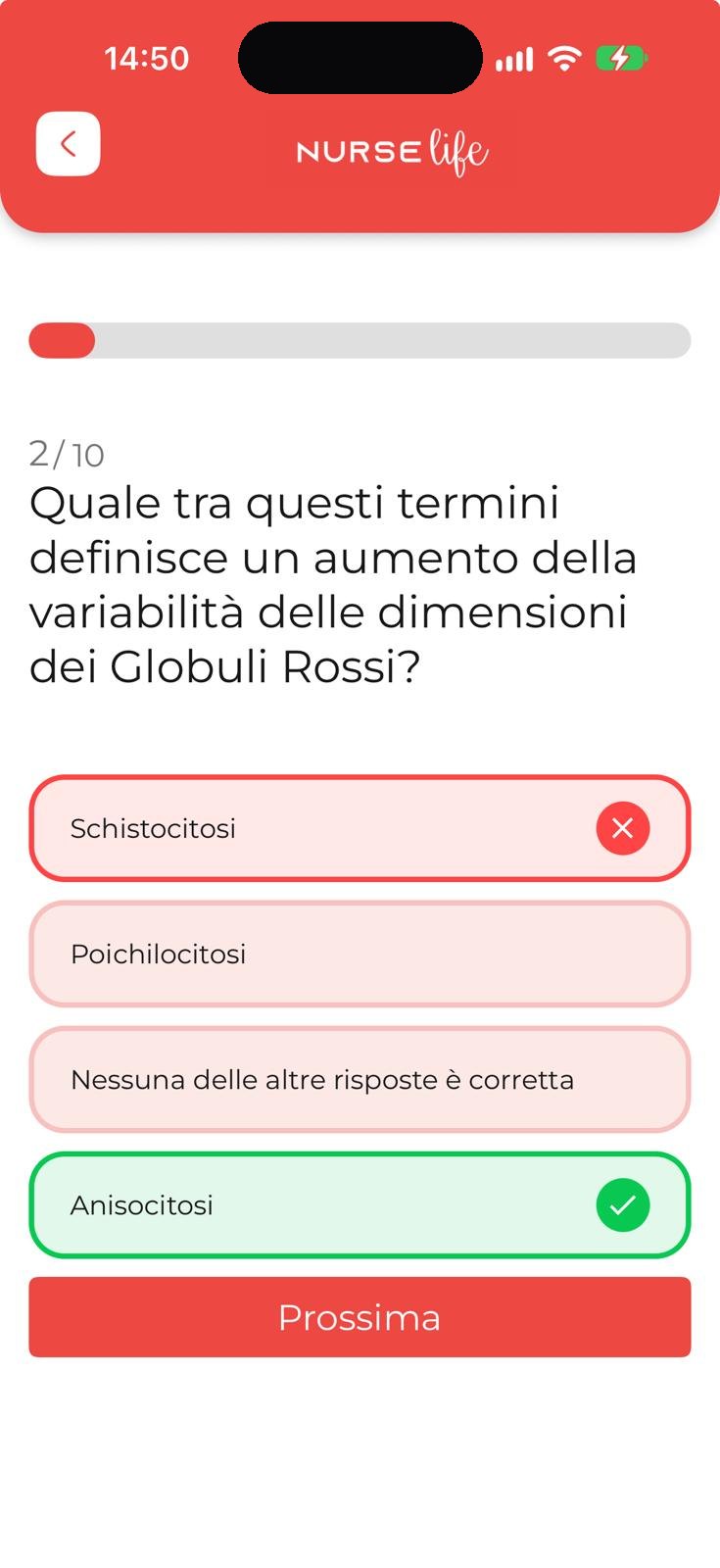 App NurseLife: domanda di quiz con la risposta corretta evidenziata